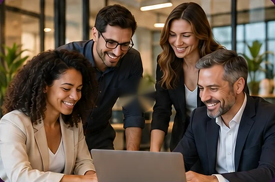 Equipe da Vertix reunida diante de um notebook